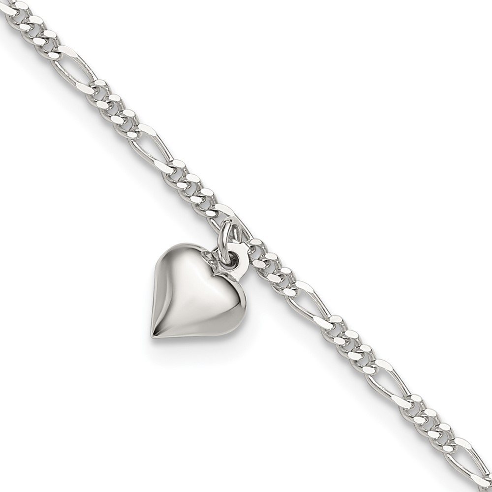 925 Sterling Silver Polished Heart Charm 9 in + 1" ext. Summer Jewelry Anklet